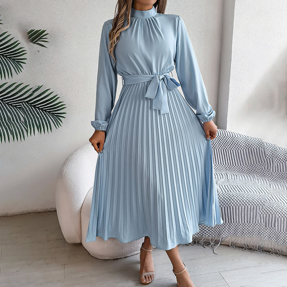 Elegant High Neck Long Sleeve Pleated Maxi Dress - Solid Color Flowy Dress For Women, Casual To Formal Wear