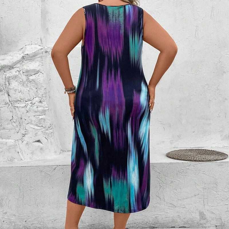 Women's Plus Size Round Neck Sleeveless Colours Print Maxi Dress - Loose Fit Long Summer Dress