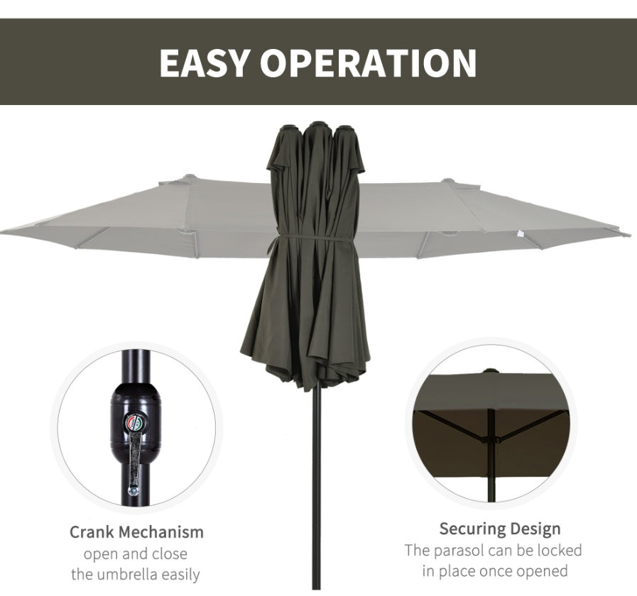 15ft Double-Sided Patio Umbrella Outdoor Market Extra Large Gray With Crank For Deck Lawn Pool