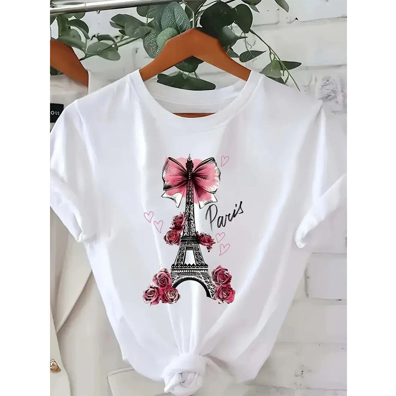 Women's Paris Eiffel Tower & Floral Bow Print Tee - Fashion Round Neck Summer Top