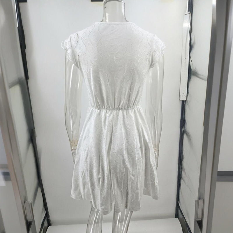 Women's V-Neck Solid Color Short Sleeve Dress With Lace Trim - Summer Sexy Vacation Dress