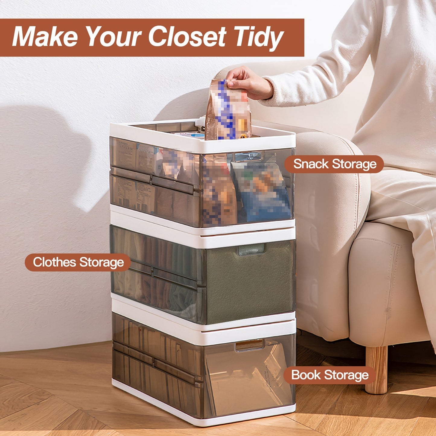 3 Pack Foldable Storage Bin With Lid Stackable Plastic Closet Organizer With Handle Divider Collapsible Drawer Organizer For Toys Clothes