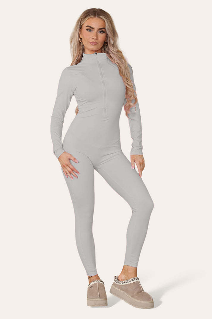 Ribbed High Neck Zipper Collar Jumpsuit Front Unitard Set