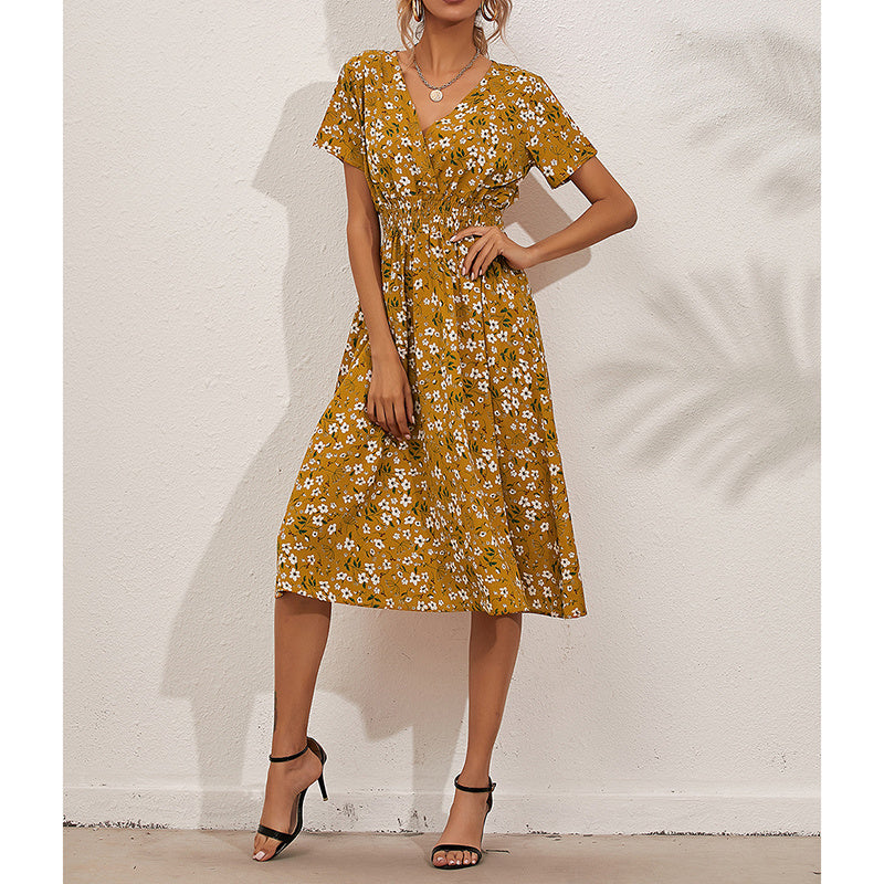 Womens Summer Dresses Boho V Neck Floral Print Short Sleeve Mini Dress Cute Smocked Waist Short Dress