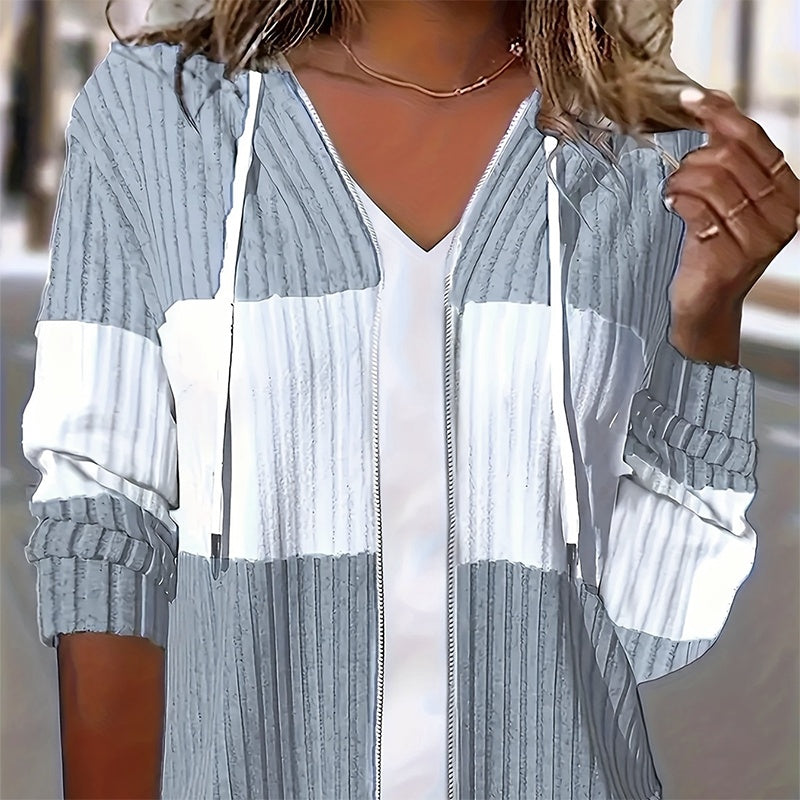 Women's Long Sleeve Color Block Zip-Up Hooded Hoodie Jacket Drawstring Ribbed For Spring & Fall Casual