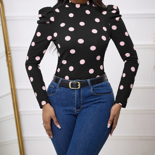 Ladies' Polka Dot Print Slim Fit Figure Enhancing Basic Versatile Elegant T-shirt