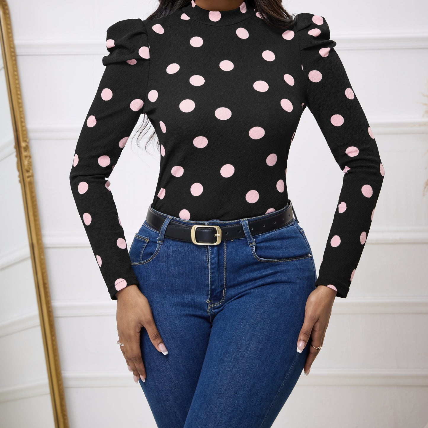 Ladies' Polka Dot Print Slim Fit Figure Enhancing Basic Versatile Elegant T-shirt