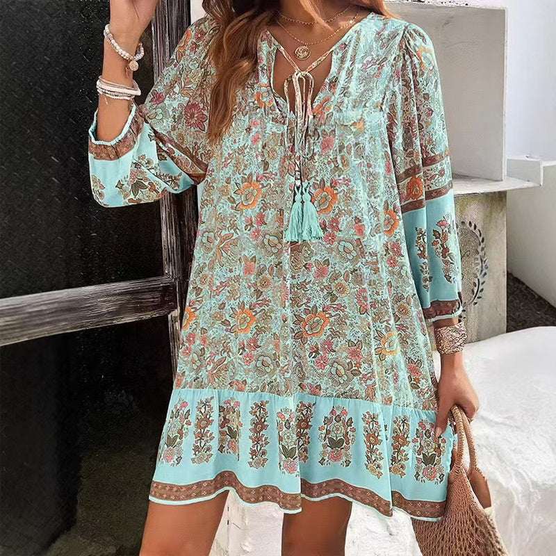 Women's Elegant V-Neck Fringe Bow Floral Print Dress Long Sleeve Comfortable Spring&Summer Dress