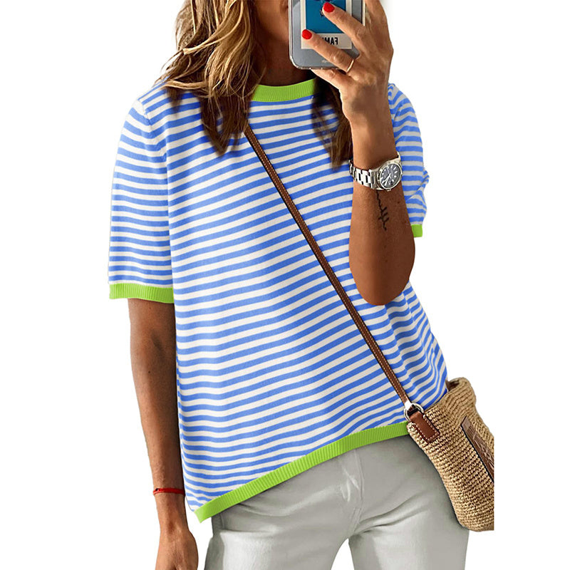 Womens Tops Casual Summer Crewneck Short Sleeve Striped Color Block Trendy Pullover Sweaters