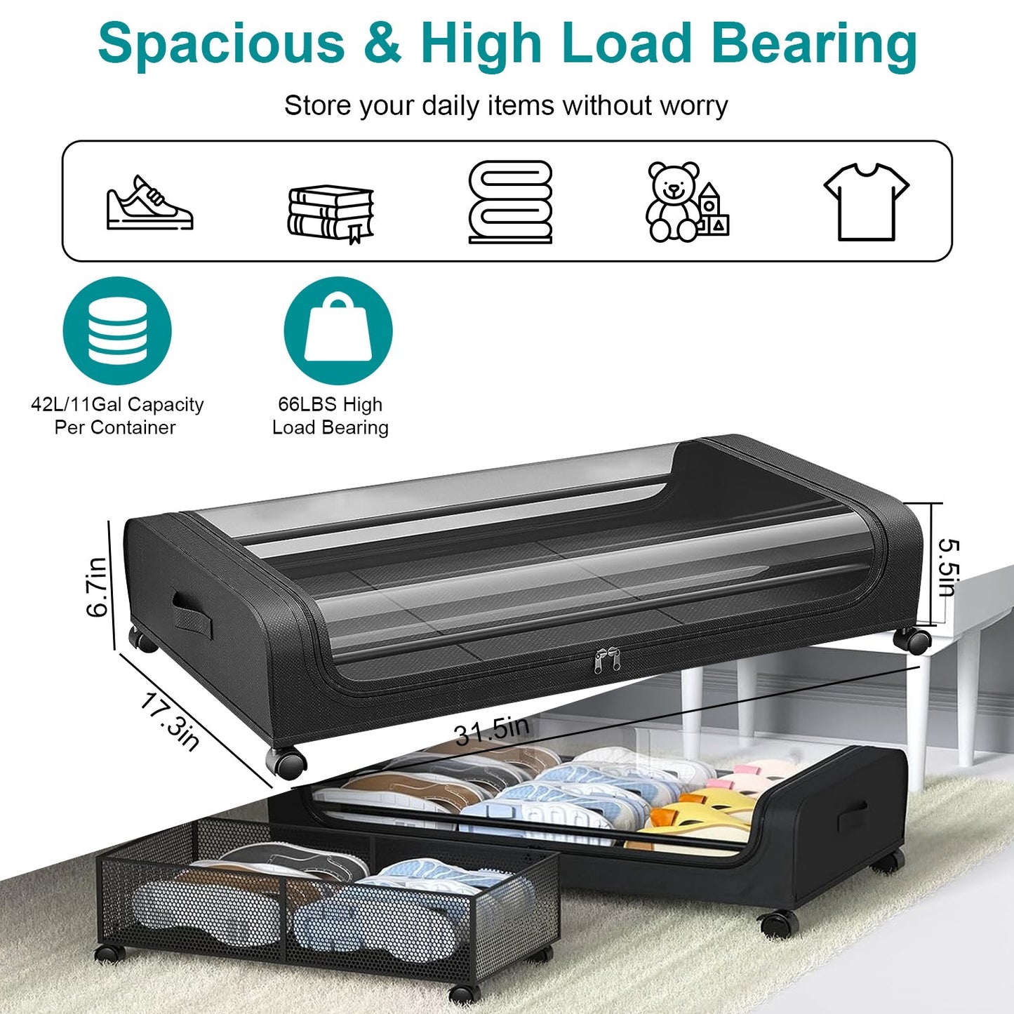 2Pcs  Under Bed Storage Containers With Lid Wheels Strap Handles 42L 11Gal Per Container Fedex Shipping