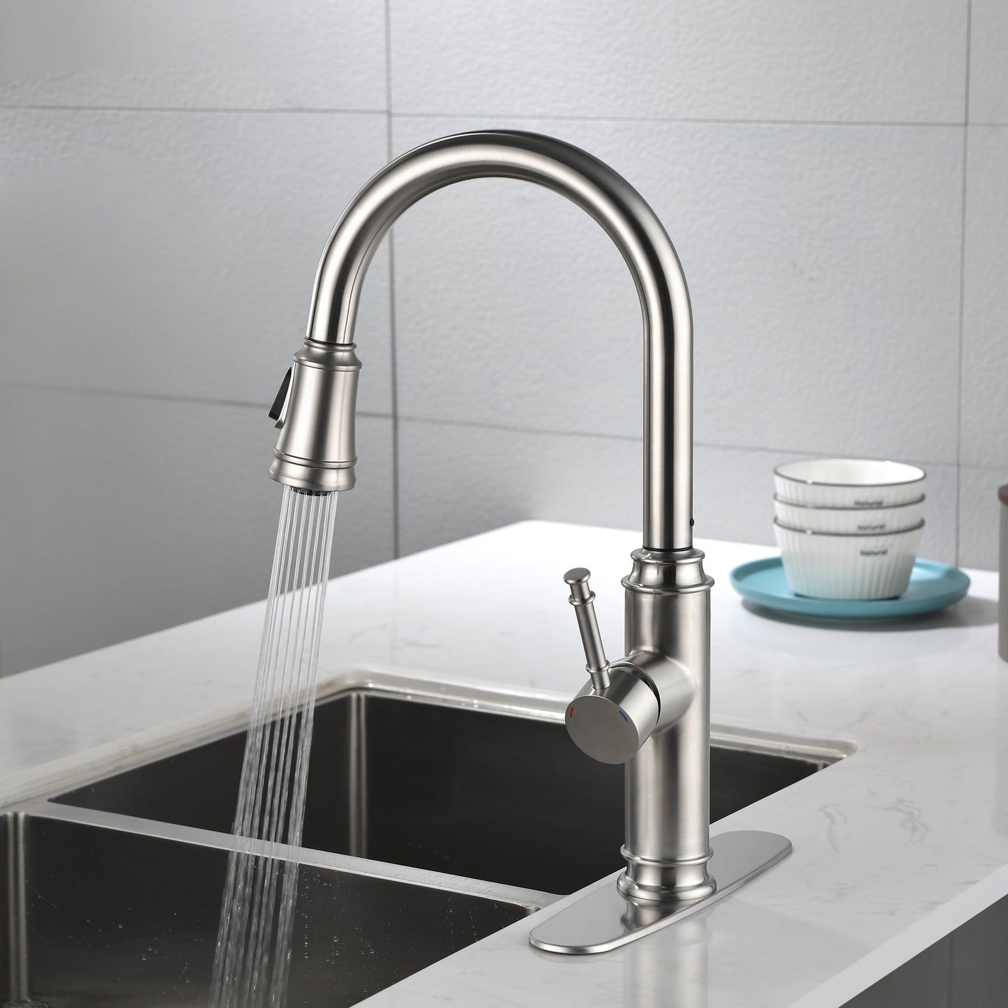 Single Handle High  Pull Out Kitchen Faucet, Single-stage Stainless Steel Kitchen Sink Faucet, With Pull Down Spray