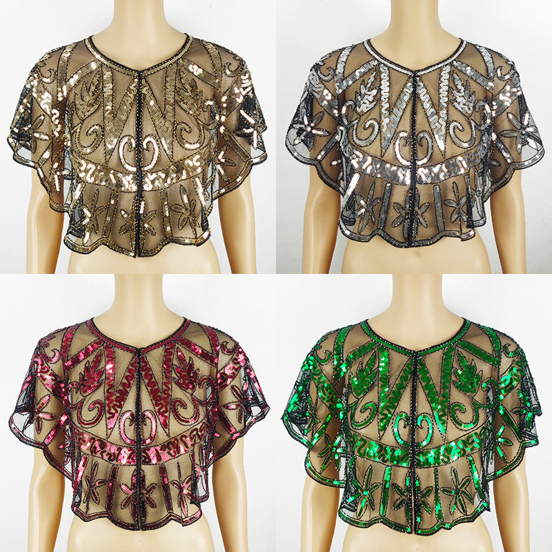 Mesh Beads Sequined Shawl Cape Coat For Women