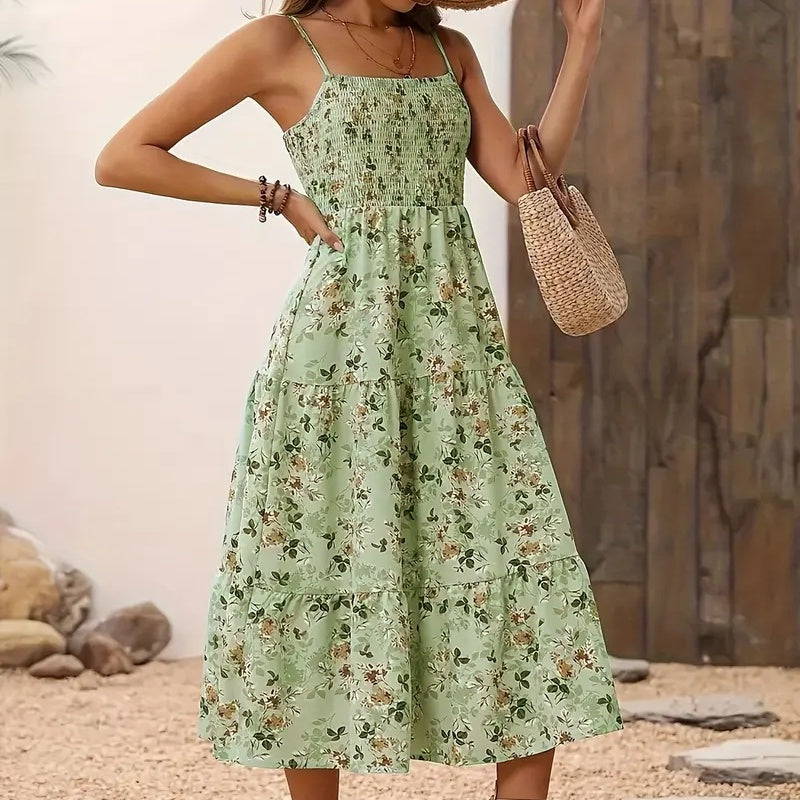 Womens Summer Floral Midi Dress Smocked Spaghetti Strap Sleeveless Tiered Casual Flowy Dresses