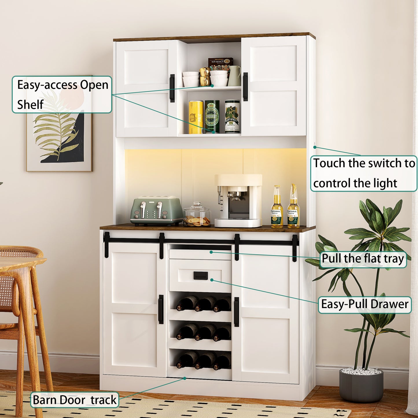 Farmhouse Bar Cabinet With Sliding Barn Door, Large Kitchen BuffetRustic Coffee Bar Sideboard Table,White