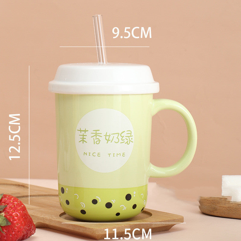 Fashion Personality Ceramic Mug With Lid And Straw Spoon