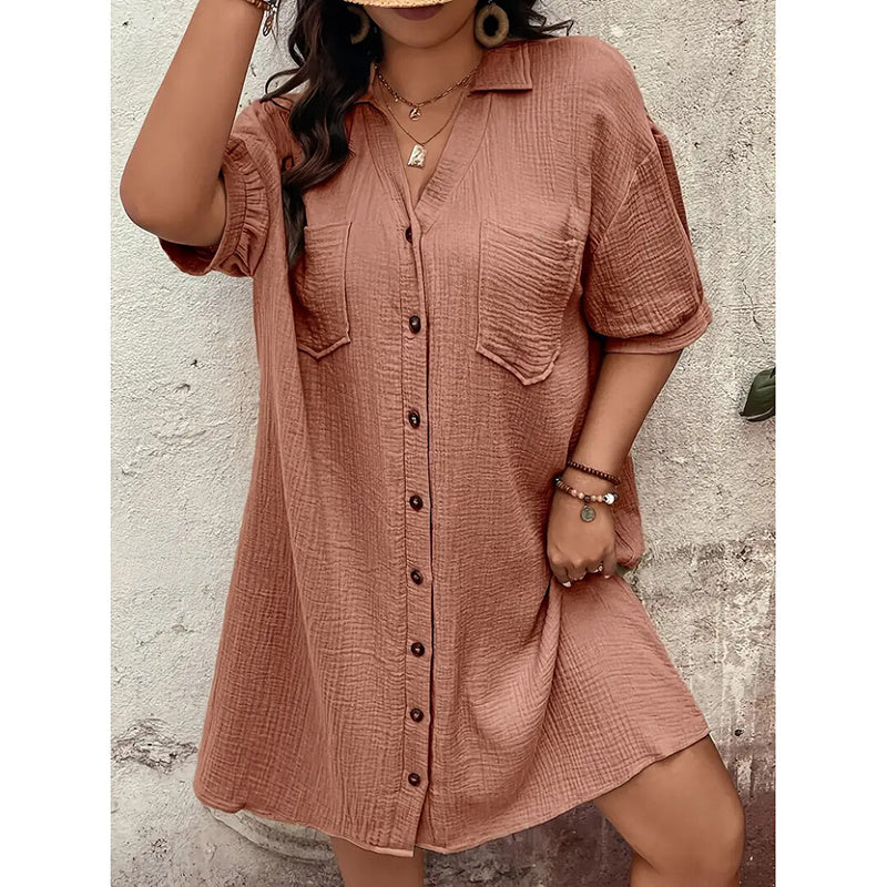 Womens Cotton Shirt Dress Summer Casual Short Sleeve Button Down V Neck Loose Mini Dress With Pockets