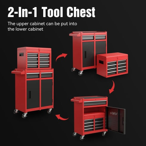 Tool Chest, 5-Drawer Rolling Tool Storage Cabinet With Detachable Top Tool Box, Liner, Universal Lockable Wheels, Adjustable Shelf, Locking Mechanism, Metal Tool Cart For Garage Workshop