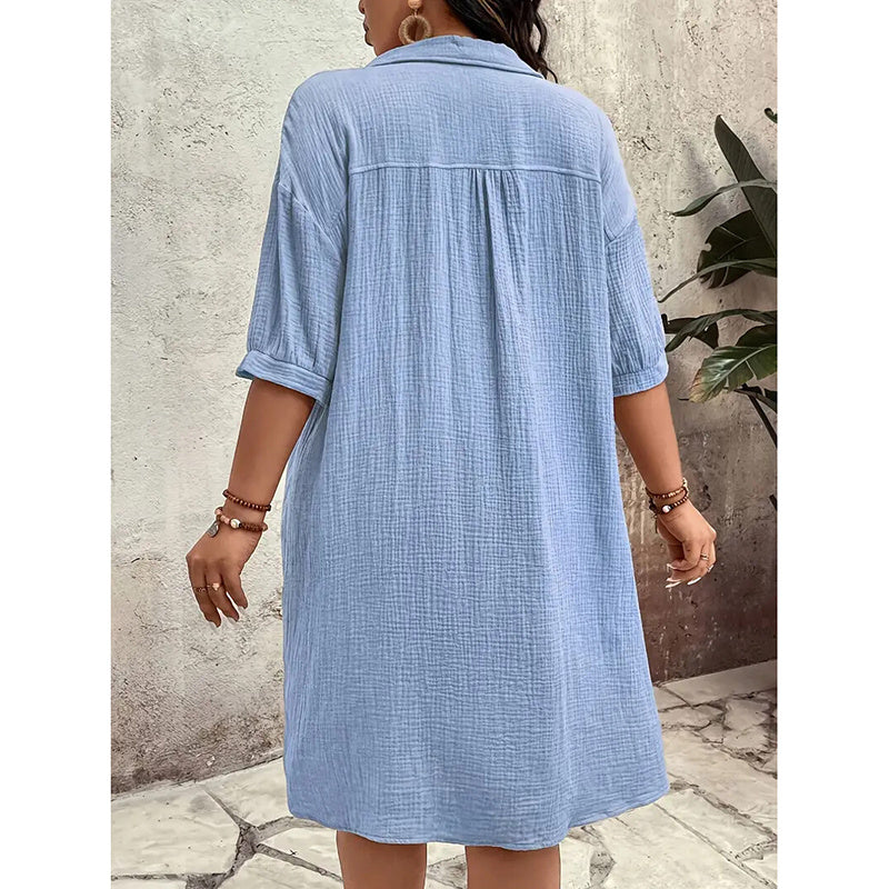 Womens Cotton Shirt Dress Summer Casual Short Sleeve Button Down V Neck Loose Mini Dress With Pockets