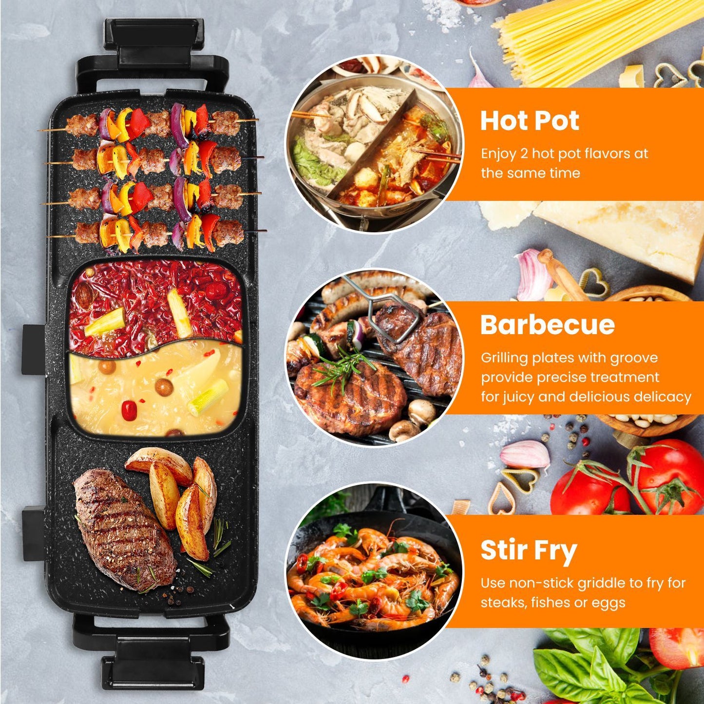 2 In 1 Electric Hot Pot With Grill 2800W Smokeless Non-Stick Korean BBQ Grill Shabu Shabu Hot Pot Combo With Independent Temperature Control 5 Gears Firepower For 3-10 People