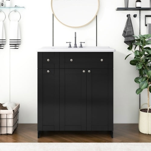 30 Inches  Black Bathroom Vanity With Ceramic Sink Combo, Rich Storage Cabinet - 2 Soft Close Doors & Double Deep Drawers Unavailable Platforms- SHEIN Corporation Temu