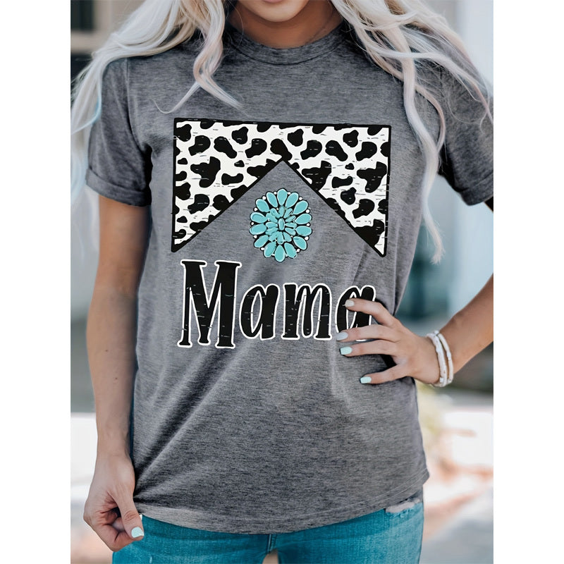 Women's 'MAMA' & Leopard Print Round Neck Tee - Trendy Summer Casual T-Shirt