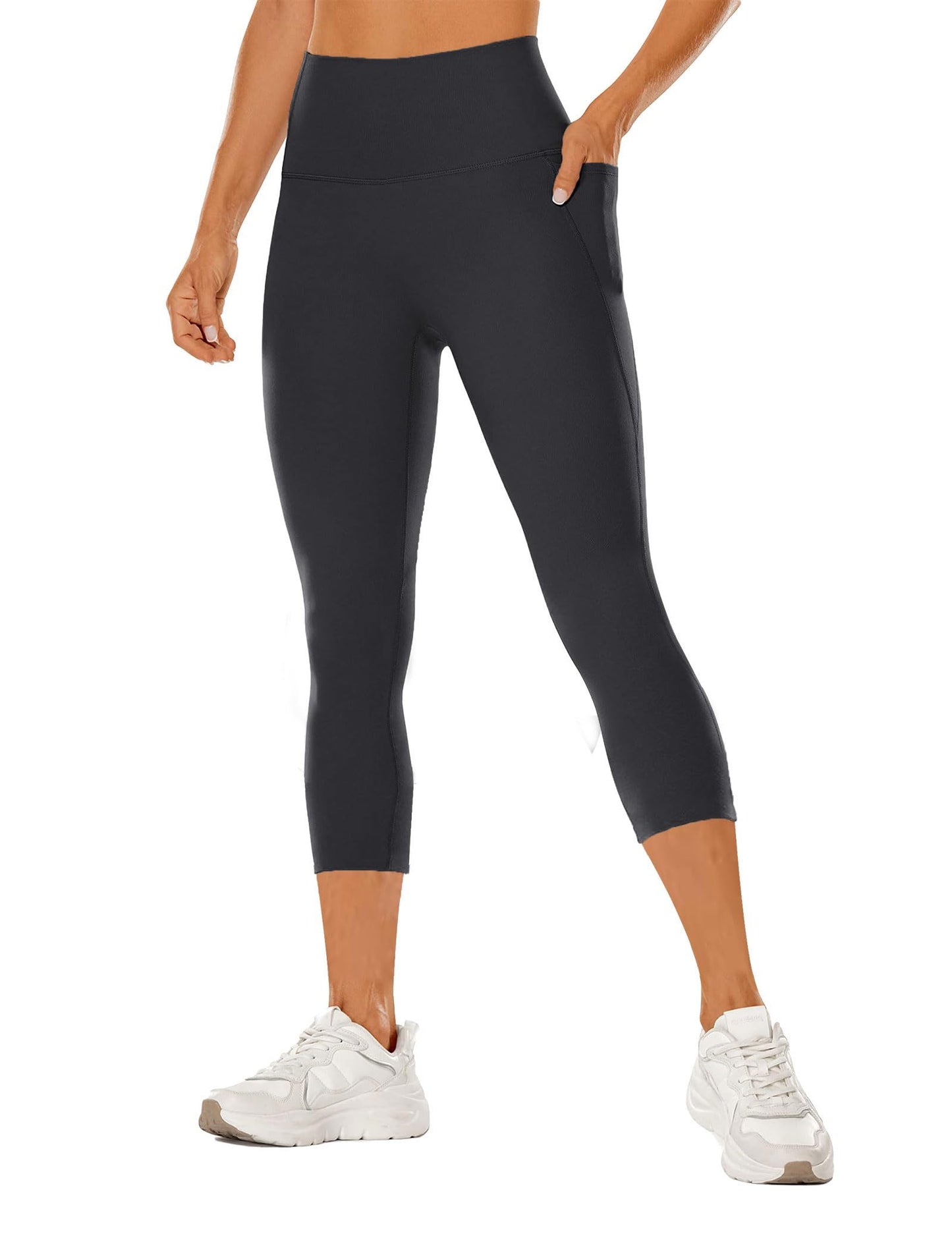 Yoga Pants - Cropped High-waisted Diagonal Pockets To Tuck In Solid Black Color