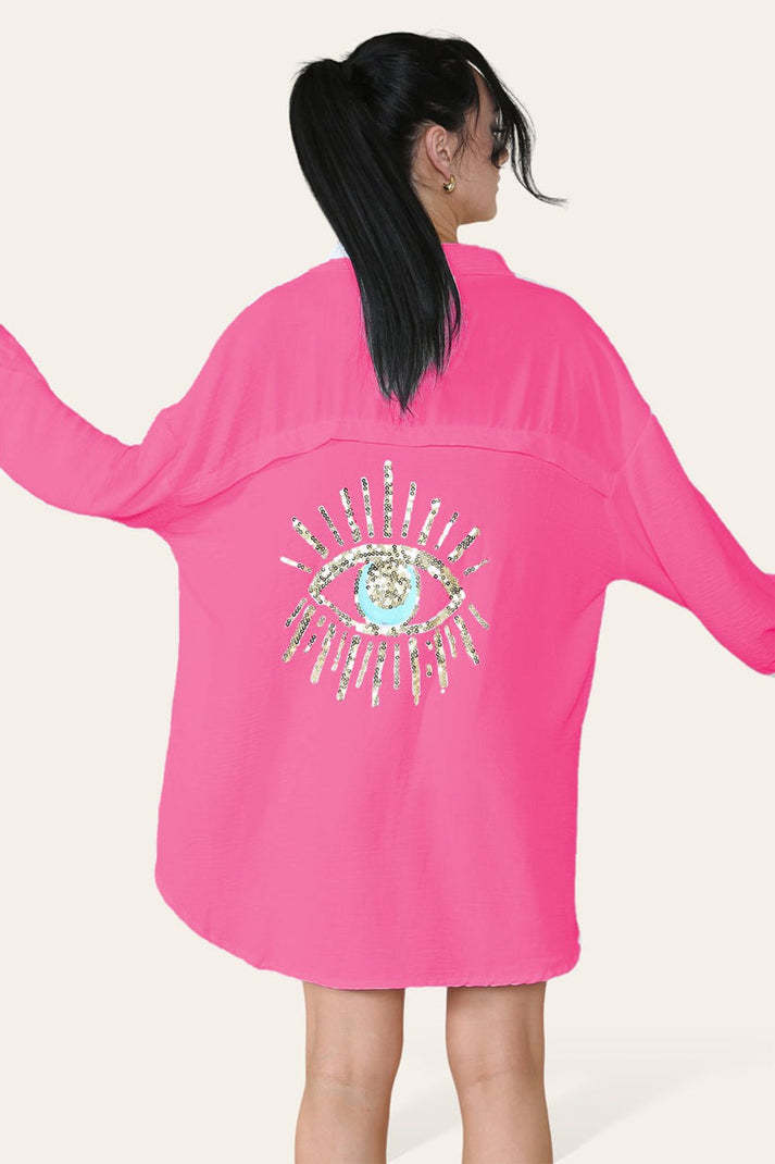 Oversized Long Sleeve Gold Sequin Eye Button Up Shirt