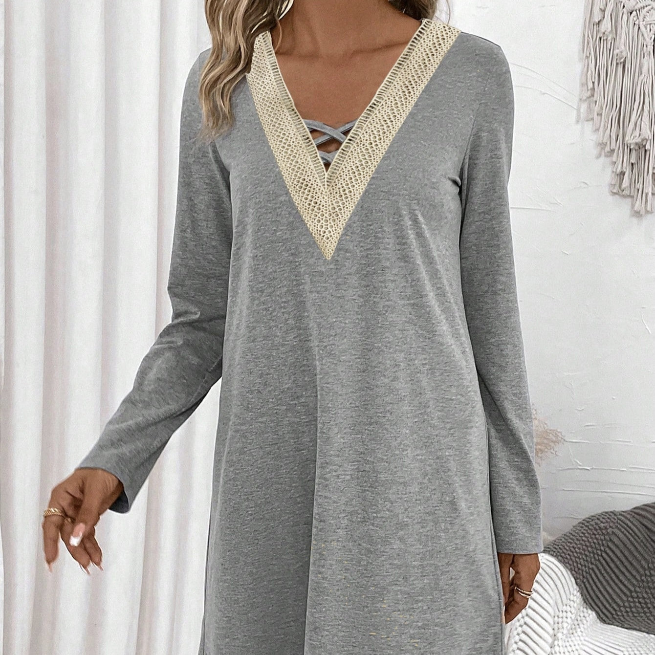 Ladies' Spring And AutumnSummer Long Sleeved Lace Splicing Hollow V-neck Elegant Casual Style Dress