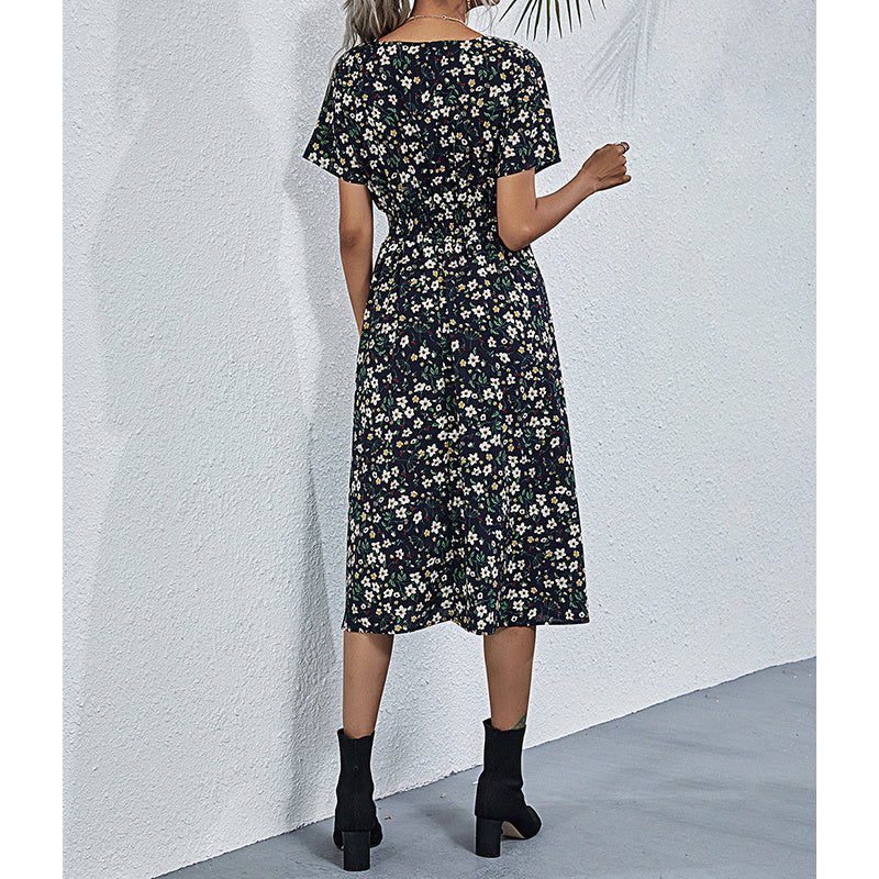 Womens Summer Dresses Boho V Neck Floral Print Short Sleeve Mini Dress Cute Smocked Waist Short Dress