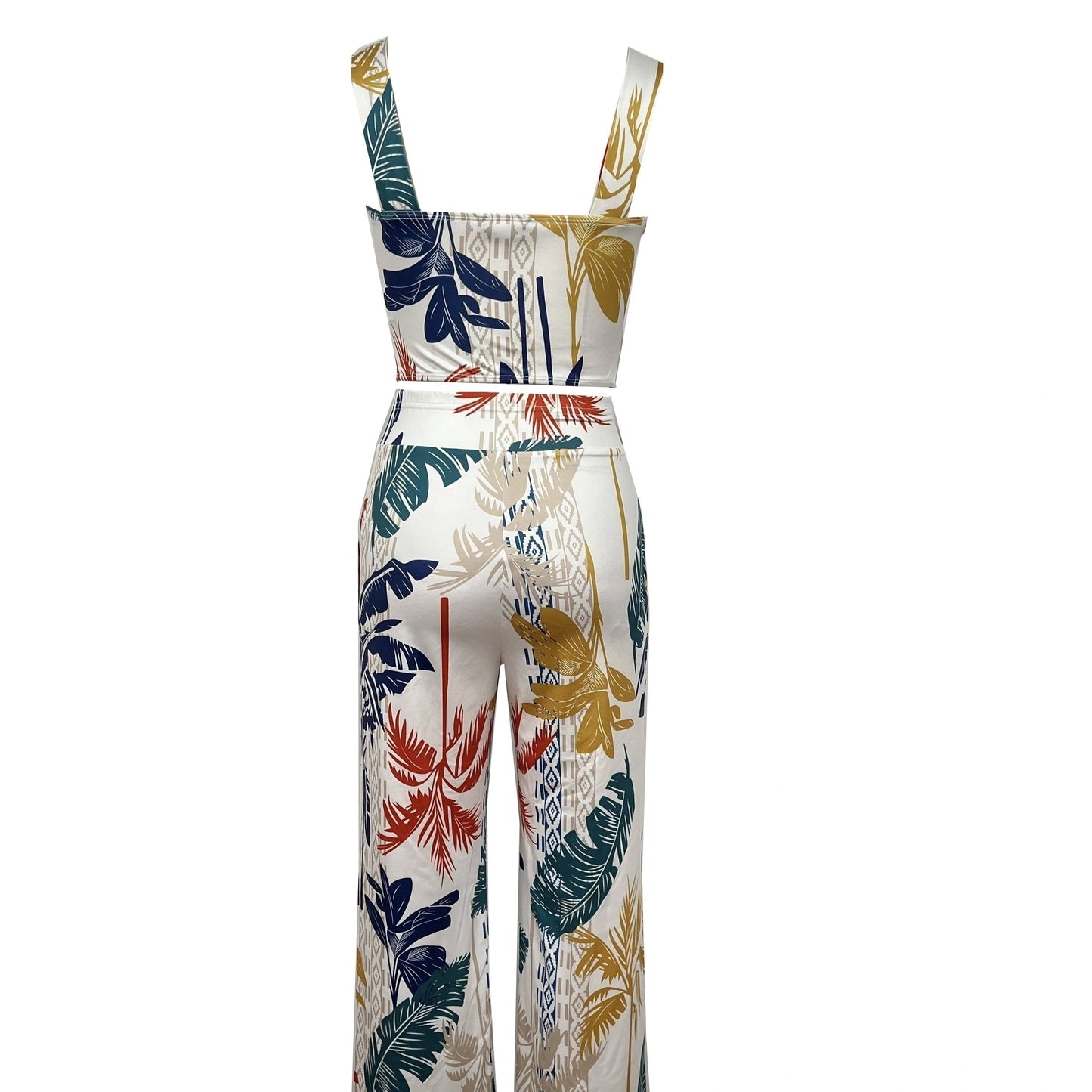 Ladies' European And American Contrasting Palm Tree Print Sleeveless Top Set Pants