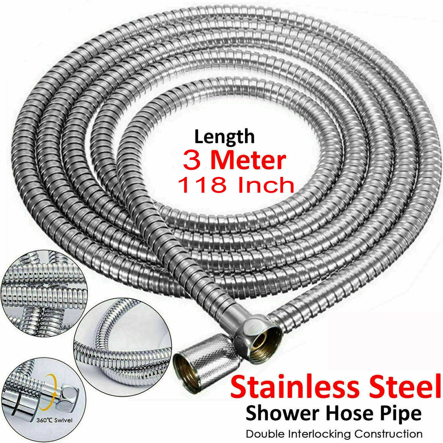 Shower Head Hose 3 Meters 118 Inch Extra Long Bathroom Flexible Stainless Steel Pipe Household Flower Wine Shower Hose