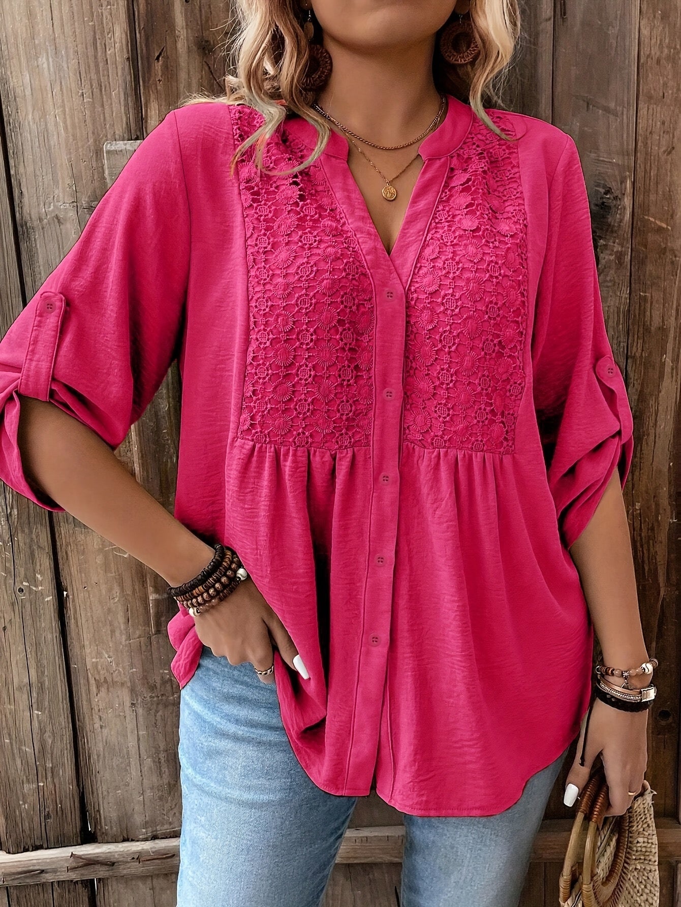 Women's Plus Size Lace Applique Vacation Shirt - Summer Casual Daily Outerwear With Roll-Up Sleeves And Button Closure