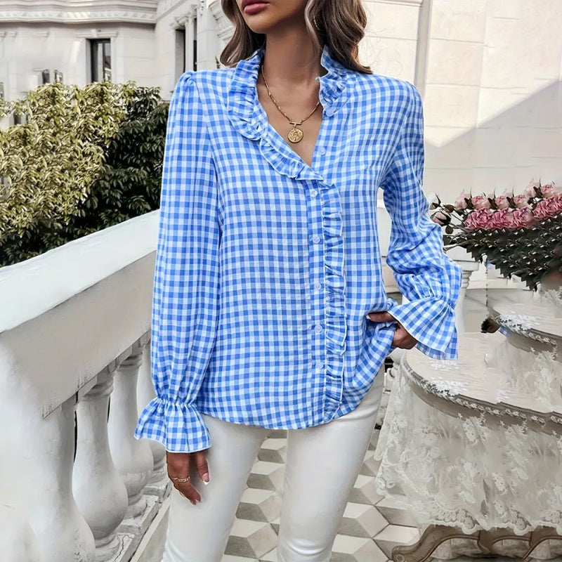 Women's French Style Checkered Button-Up Shirt - Elegant Plaid Pattern, Stand Collar With Ruffled Cuffs, Comfortable Wear