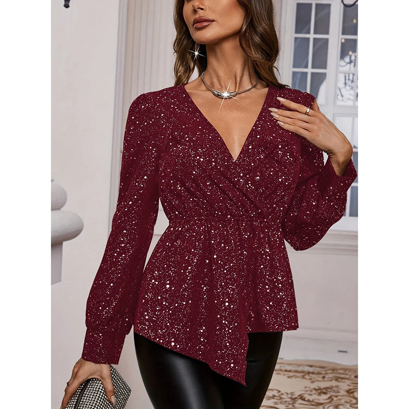 Womens Sparkly Tops Shiny Long Sleeve Ruched Asymmetrical Hem Sparkle Blouses Cocktail Party Evening Shirts