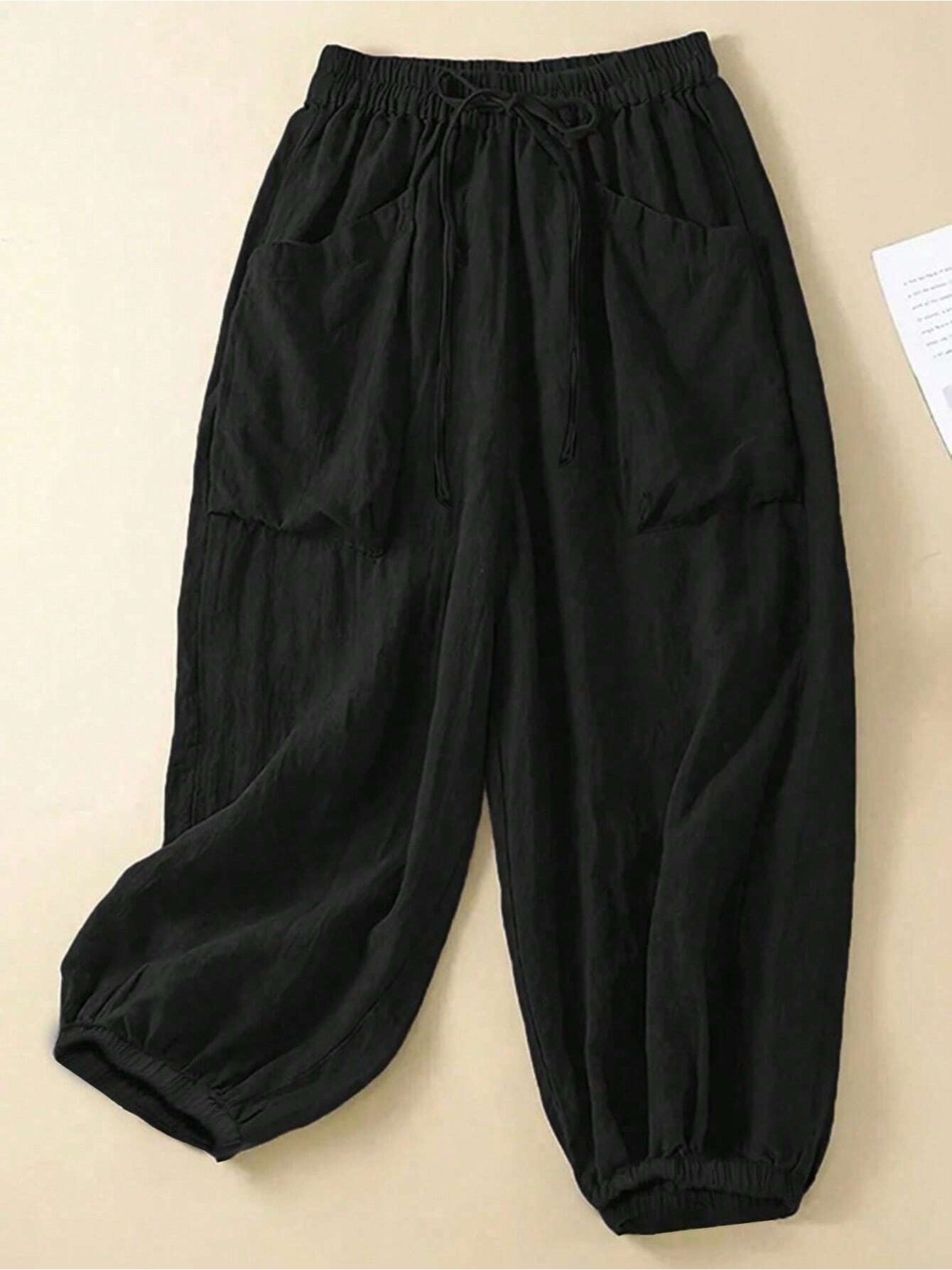 Women's Plus Size Solid Color Front-Tie Pocket Casual Pants - Everyday Leisure Wear