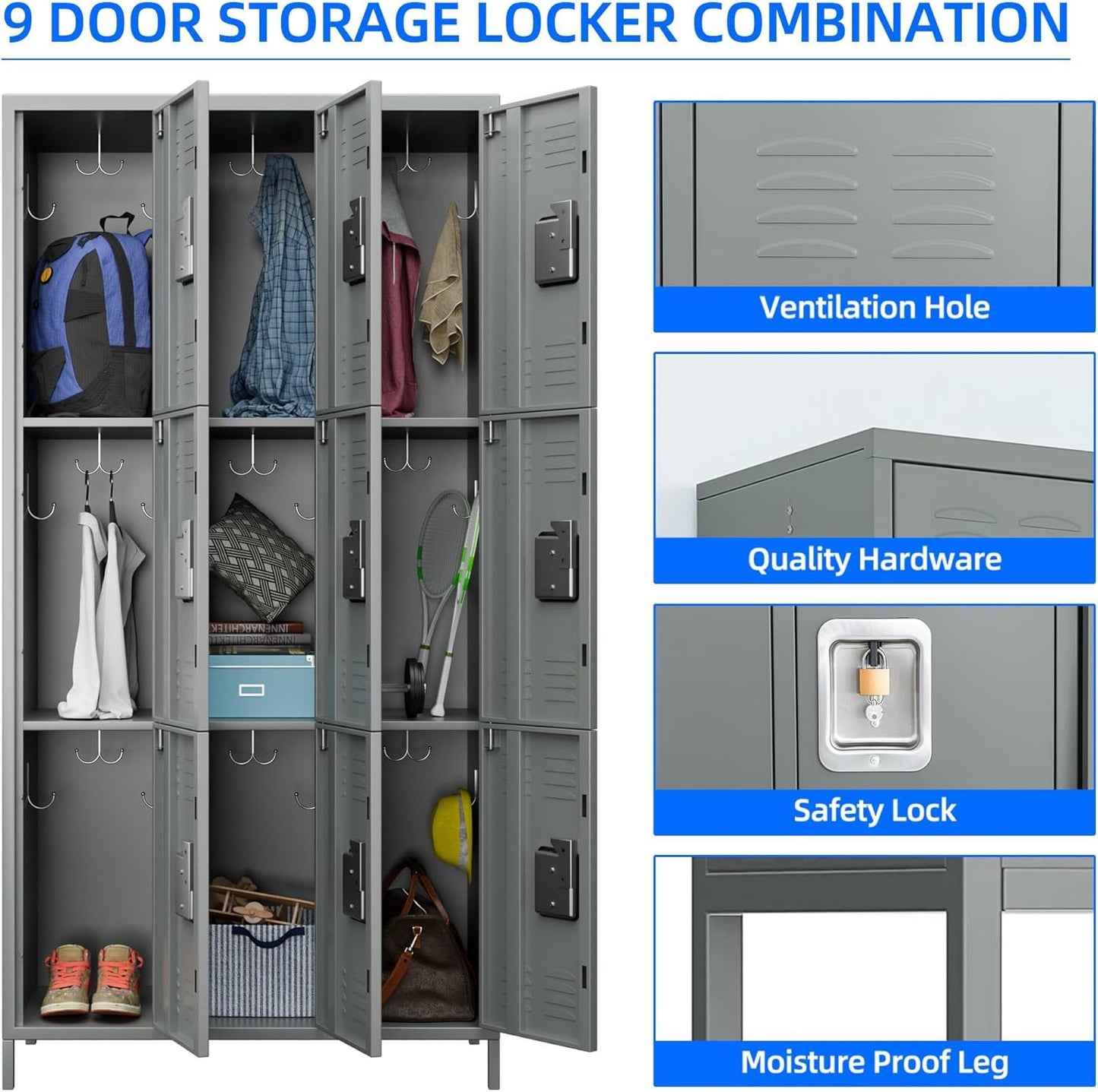 Metal Lockers For Employees With Lock,Metal Storage Locker With 9 Doors & 27 Hooks For School Office Gym Garage Bedroom,Assembly Required,9 Doors Light Grey
