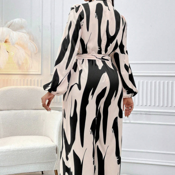 Ladies' Fashionable And Elegant Autumn And Winter Long Sleeved Full Printed Cold Shoulder Lantern Sleeves Jumpsuit With Elegant Orientation