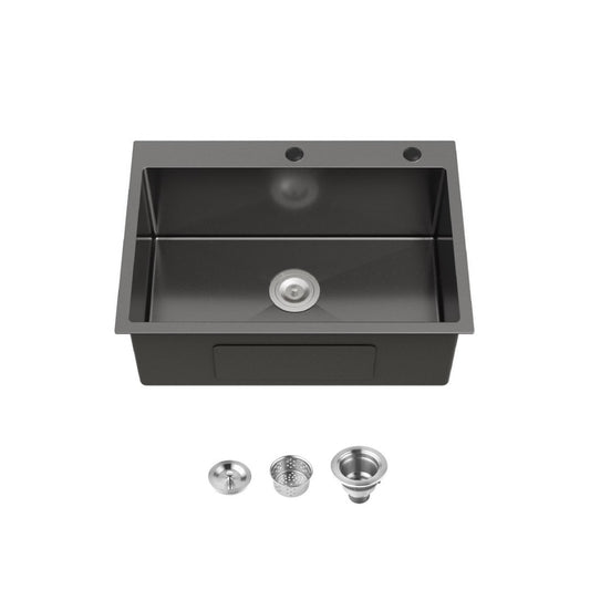 Stainless Steel Kitchen Sink, Single Bowl, Overmount Handmade Sink In Black, With US Standard Drain And Hook, LS-SSBL01