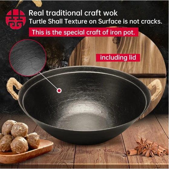 WANGYUANJI 14.2 Handmade Wok, Cast Iron Wok Pan, Large Flat Bottom Wok Stir With Dual Handle And Wooden Lid, Suitable For All Cooktops, Uncoated Chinese Traditional Wok, Ban Sale On Amazon