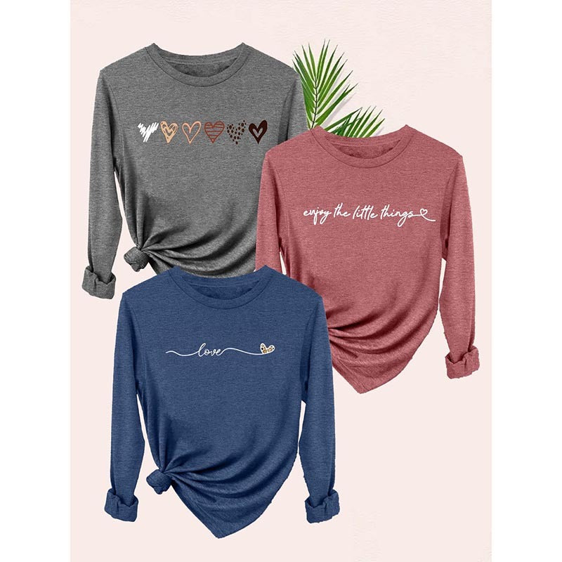 Women's 3 Packs Graphic Long Sleeve T Shirts Letter Print Tees Casual Crewneck Tunic Tops