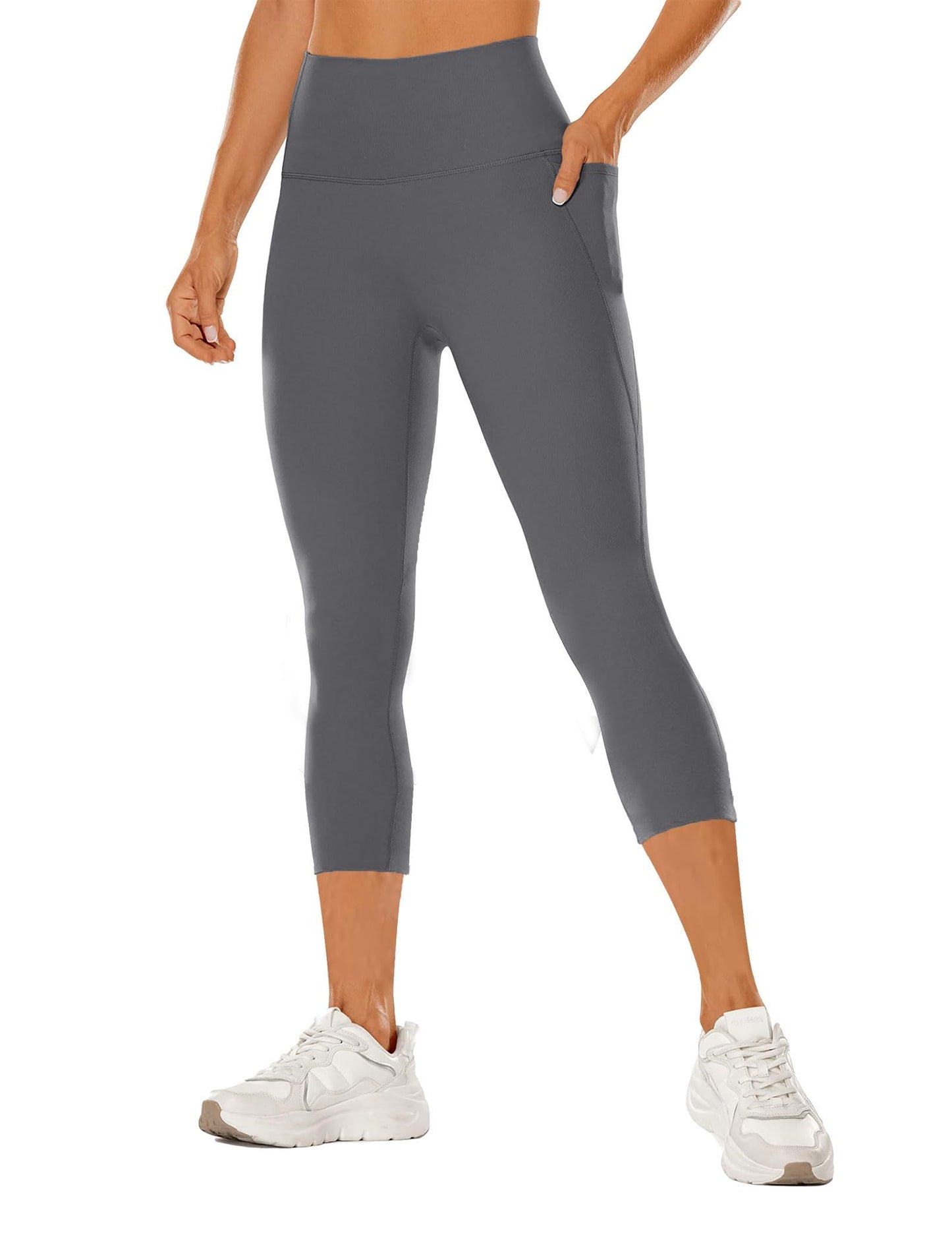 Yoga Pants - Cropped High-waisted Diagonal Pockets To Tuck The Abdomen Solid Color Dark Gray