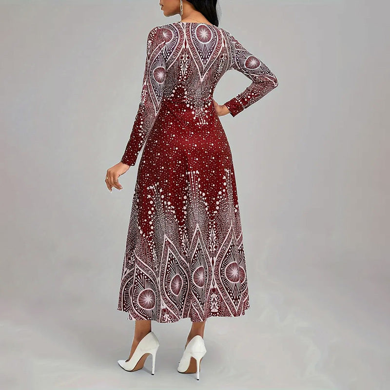 Women's Plus Size Elegant V-Neck Long Sleeve A-Line Dress With Starry Sky Print, Slim-Fit Flowy Maxi Dress For Holiday & Party Wear