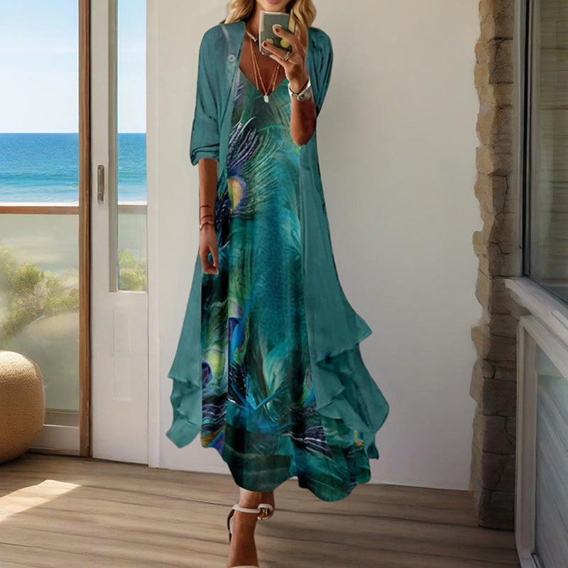 Women's Long Sleeve V-Neck Print Loose Two-Piece Dress Casual Elegant Spring&Autumn Outfit