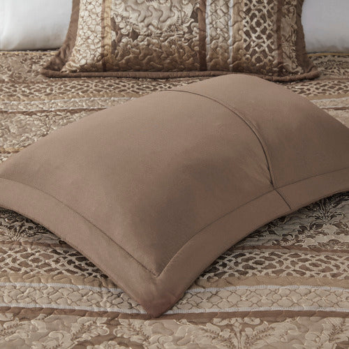 5 Piece Reversible Jacquard Bedspread Set Brown Gold Queen