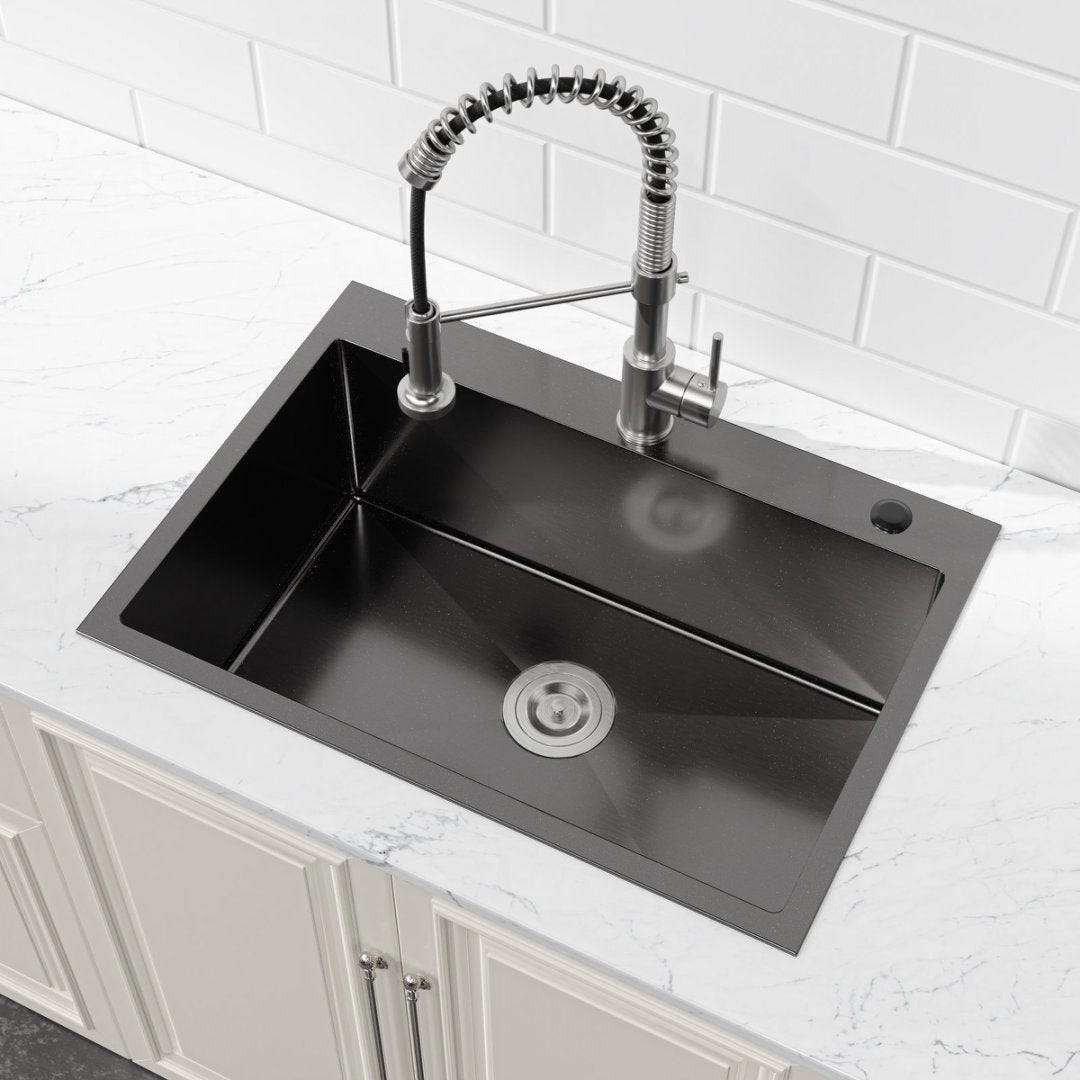 Stainless Steel Kitchen Sink, Single Bowl, Overmount Handmade Sink In Black, With US Standard Drain And Hook, LS-SSBL01