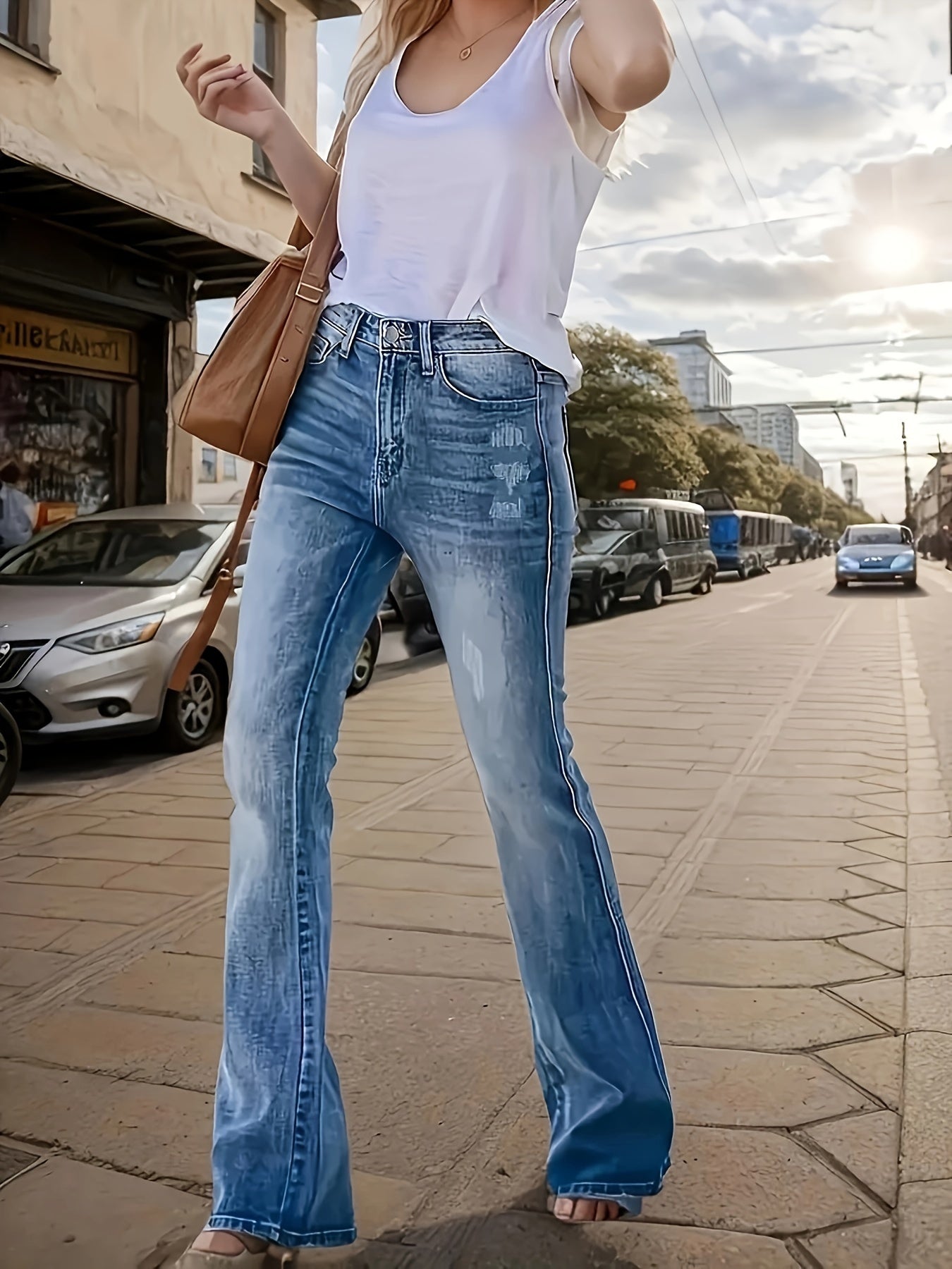 Women's High-Waisted Stretch Skinny Flare Jeans - Vintage Street Style, Distressed Denim With Button And Zipper Fly Closure - Comfortable Blend Casual Pants For Casual Attire