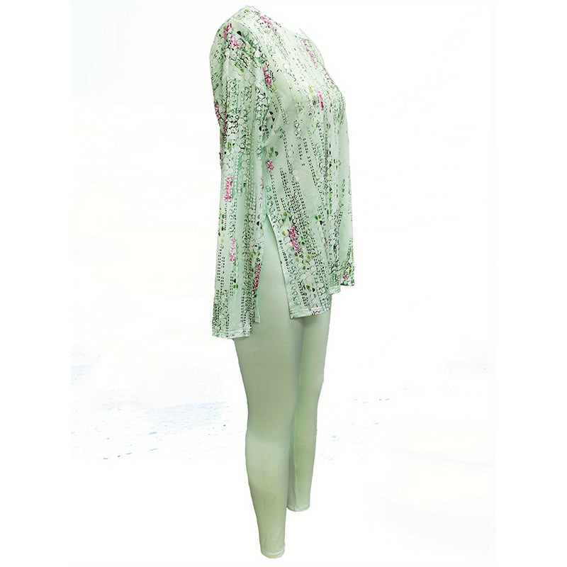Women's Round Neck Printed Slit Long Sleeve Top & Long Pants Set - Casual Loungewear Outfit