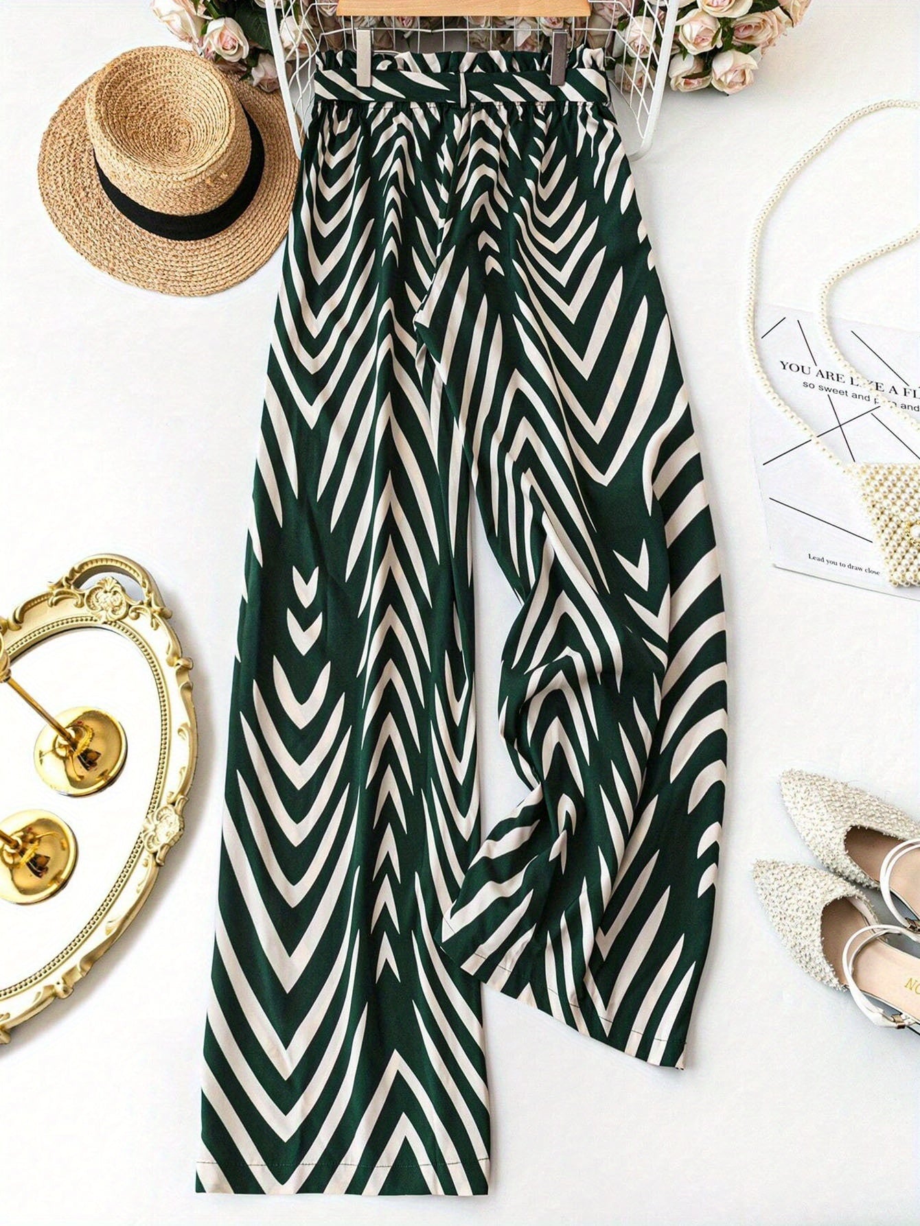 Women's Plus Size Printed Wide-Leg Pants - Summer Office Casual Black Trousers With Belt