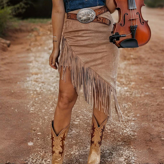 Women's Solid Color Vintage Fringe Hem Asymmetrical Suede Skirt Casual Boho Chic Summer Spring Vacation Outfit