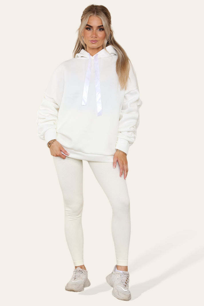Oversized Ruched Sleeves Hoodie With Satin Ribbon